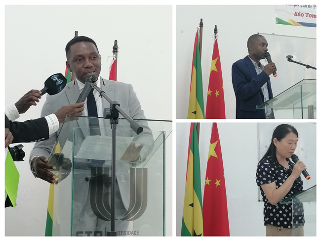 1749721628917057.jpg 圣普教育部长代表兼高教司司长拉莫斯、圣普大学副校长夸雷斯马、孔子学院中方院长苏宜梅致辞.jpg